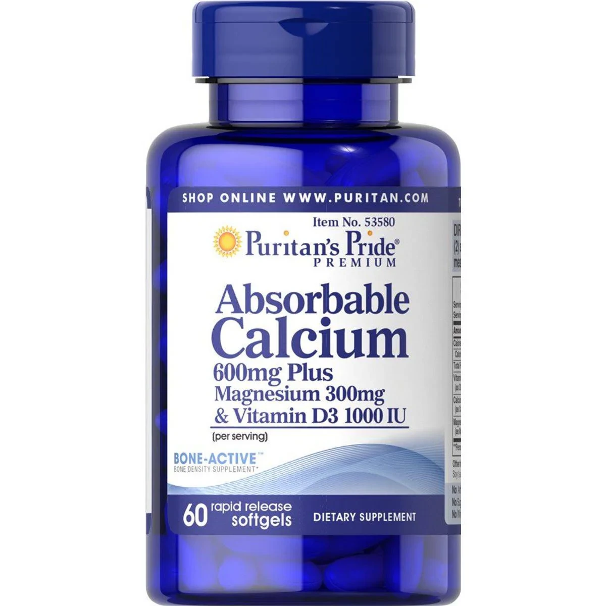 Puritans Pride Calcium 600 + Vitamin D 60 Tablets